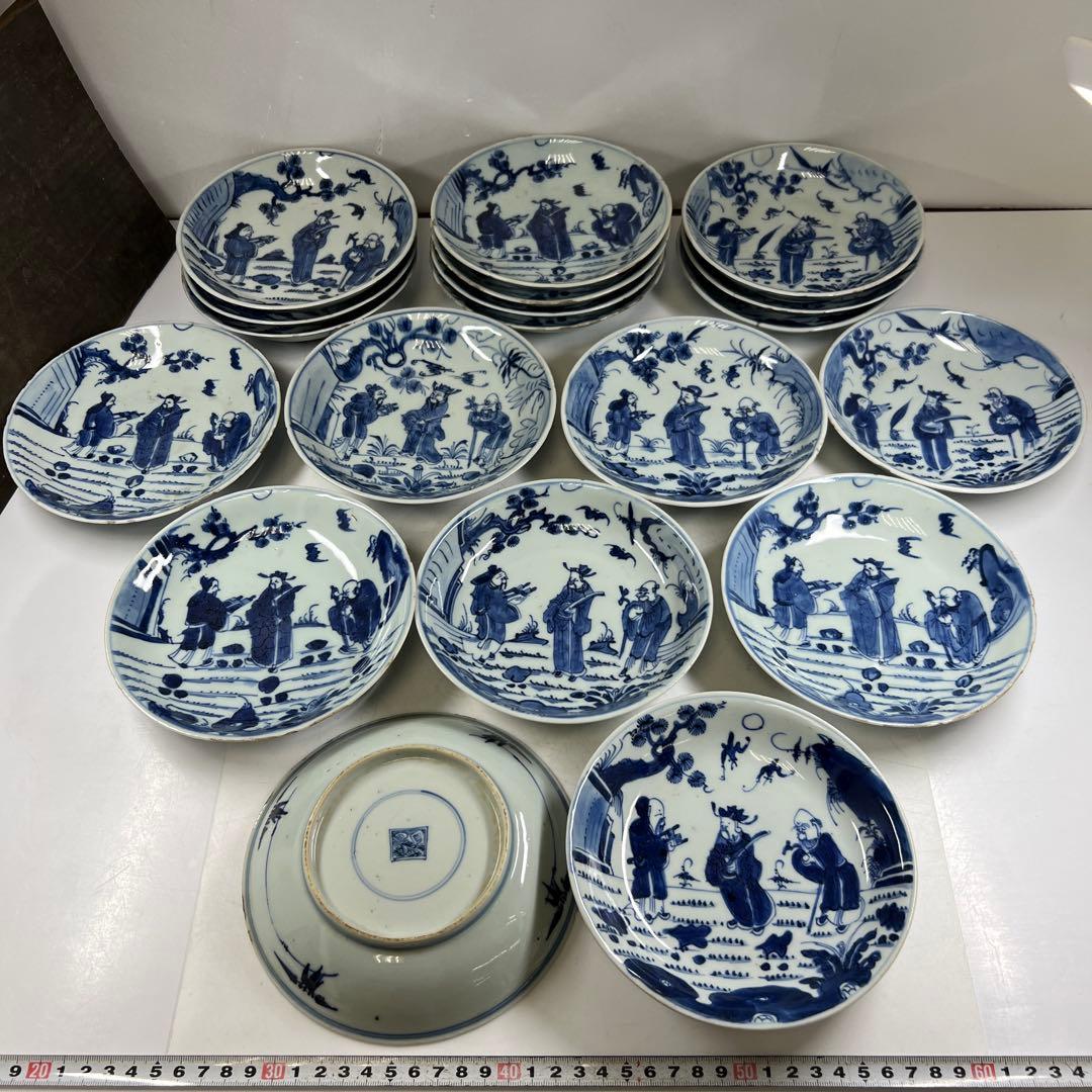中国明末清朝期　古染付人物画中皿19枚　木箱　約16.5㎝東Y7-0723⭐︎2F