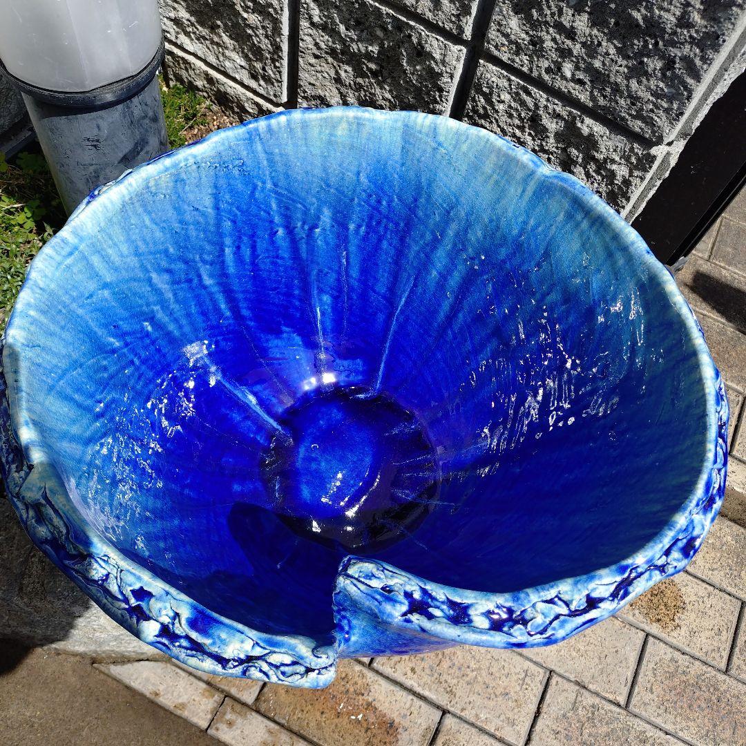 信楽焼手作り　ブルーガラスめだか鉢金魚鉢　直径53㌢
