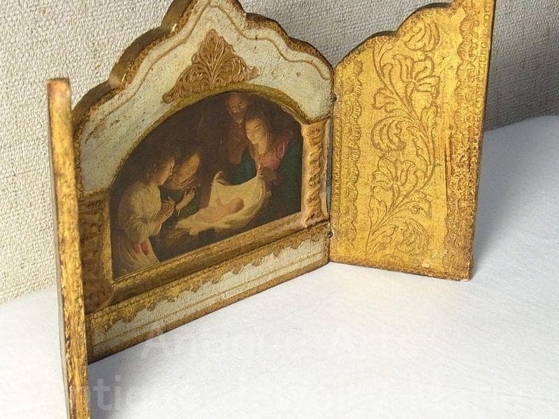 イタリア ヴィンテージ『観幼子イエスと聖母マリア』カルロ・ドルチ３枚続きの祭壇画