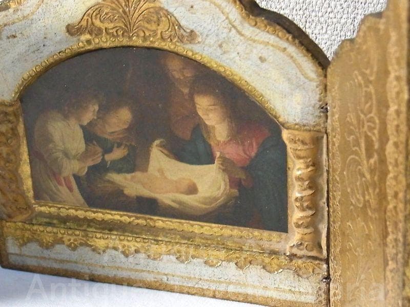 イタリア ヴィンテージ『観幼子イエスと聖母マリア』カルロ・ドルチ３枚続きの祭壇画