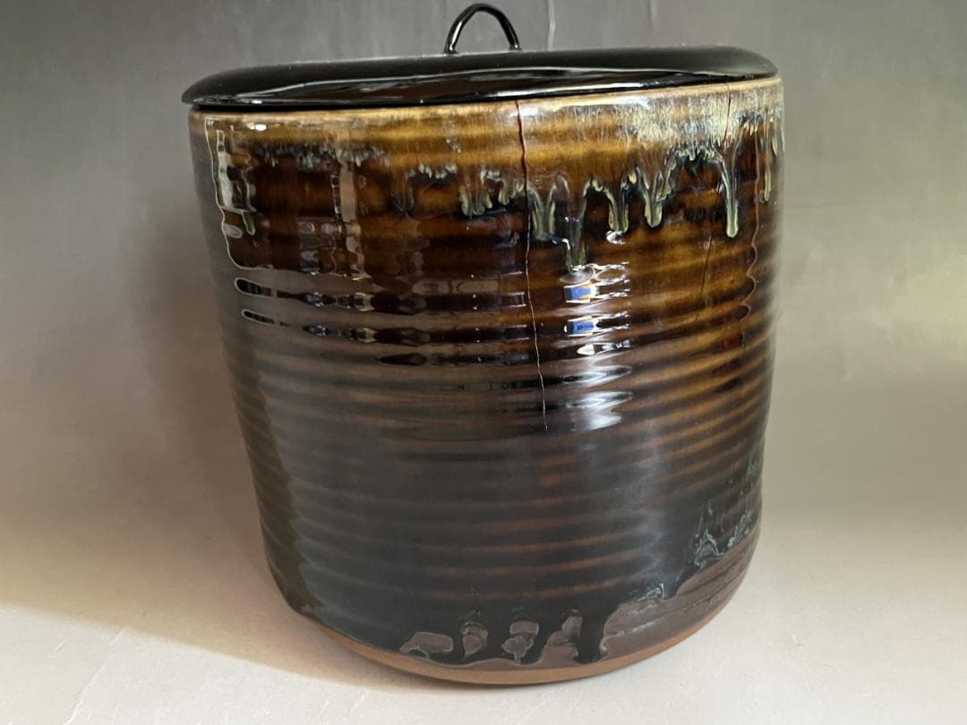 水指■高取焼 八仙窯 漆器蓋 涙紺 遠州七窯 塗蓋 直し有 飴釉 時代物 骨董■