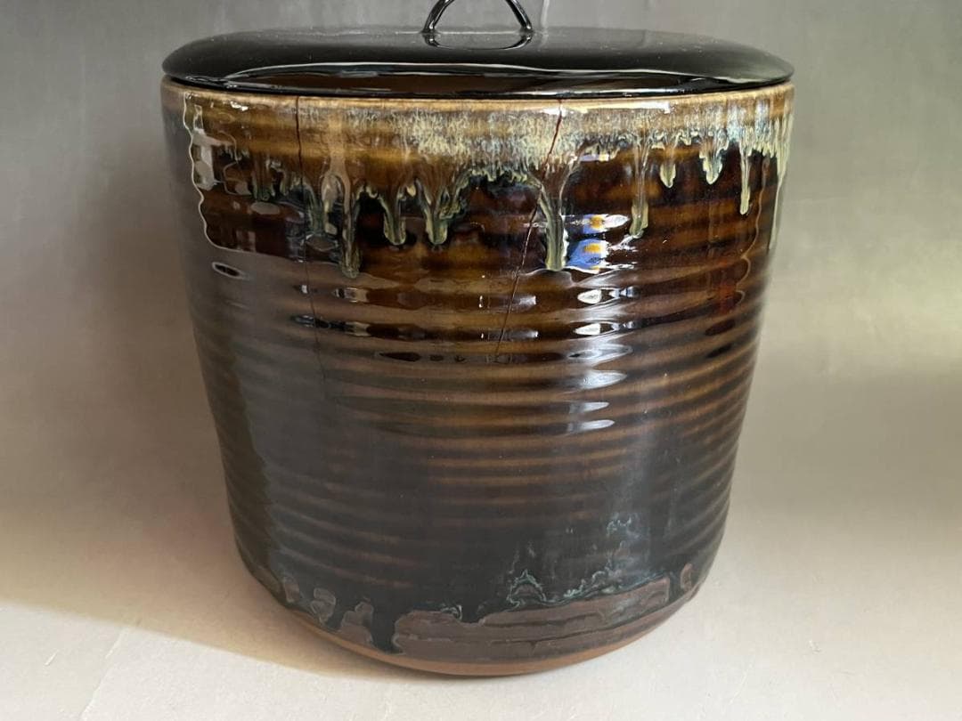水指■高取焼 八仙窯 漆器蓋 涙紺 遠州七窯 塗蓋 直し有 飴釉 時代物 骨董■