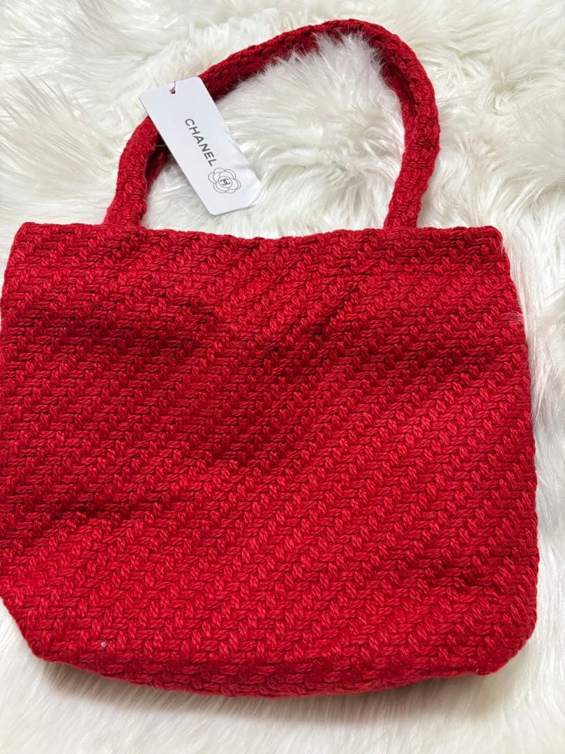 シャネル CHANEL ニット編み レッド＆ブラック スパンコール トートバッグ