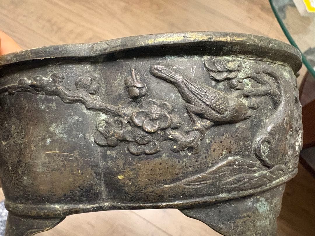 銅器　小振り　水盤　砂鉢　華道　花器　煎茶道具　茶室　花鳥図 古銅製 時代物