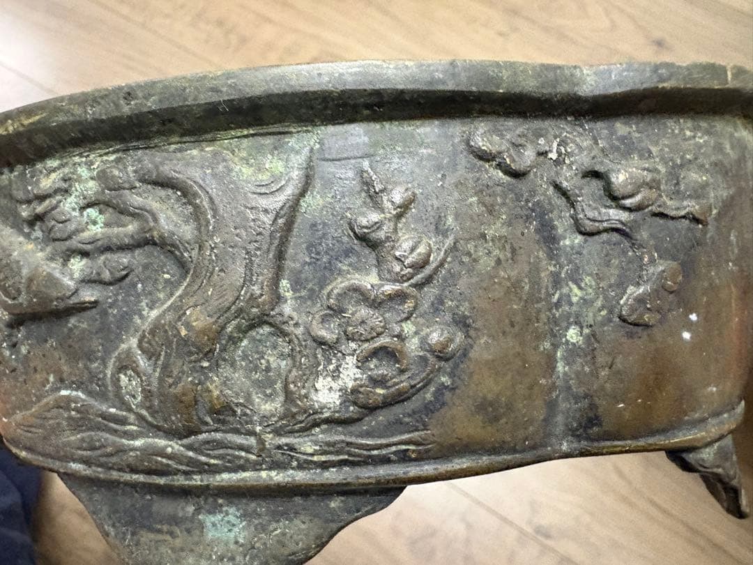 銅器　小振り　水盤　砂鉢　華道　花器　煎茶道具　茶室　花鳥図 古銅製 時代物