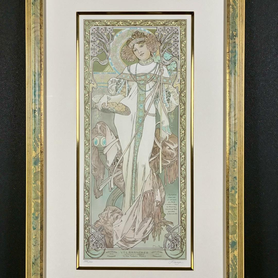 美品 アルフォンス・ミュシャ「四季・秋」リトグラフ 摺師サイン入り お洒落額装