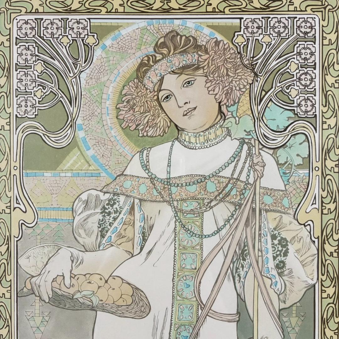 美品 アルフォンス・ミュシャ「四季・秋」リトグラフ 摺師サイン入り お洒落額装