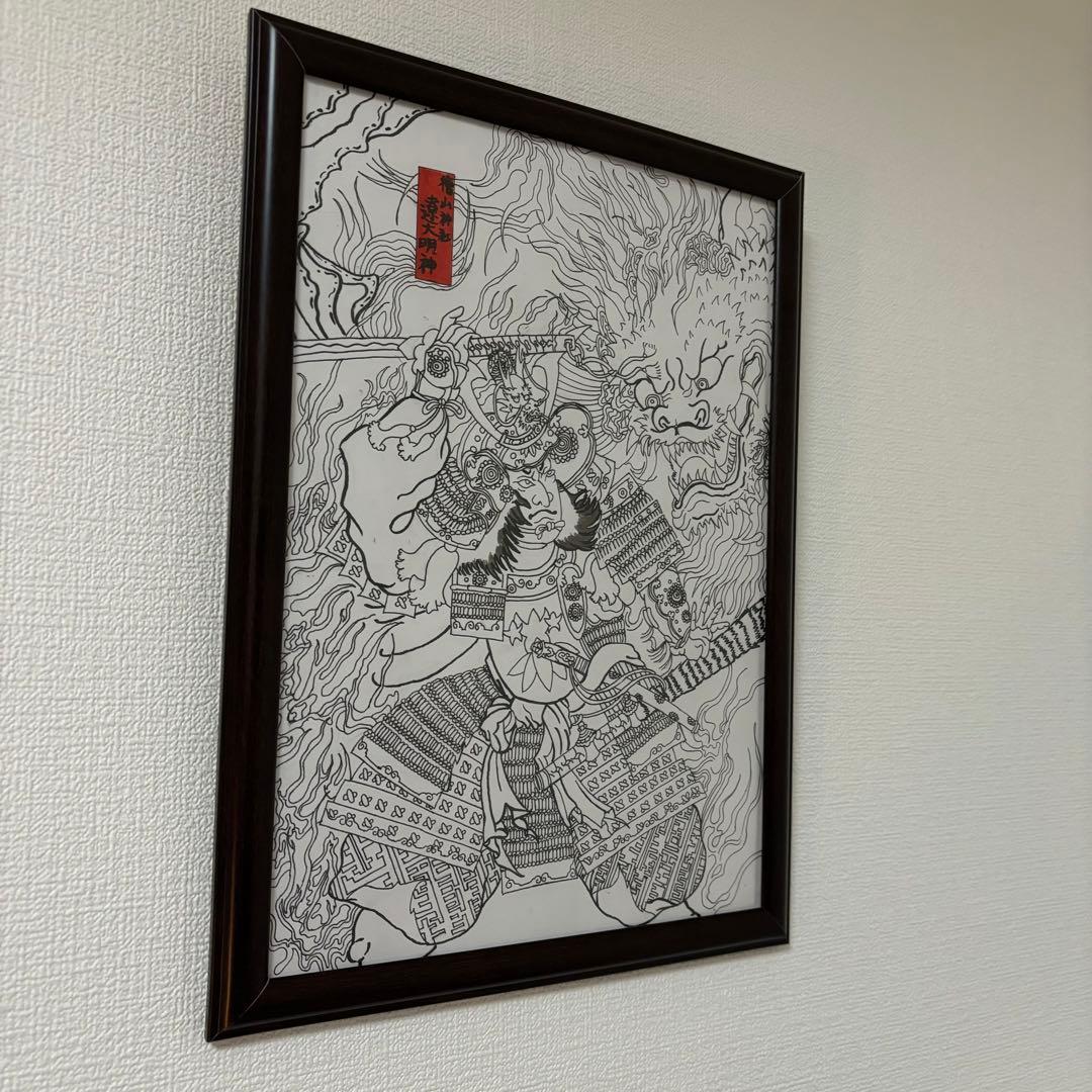 日本画 武士と獅子の線画　イラスト　フレーム付き　　　A4サイズ