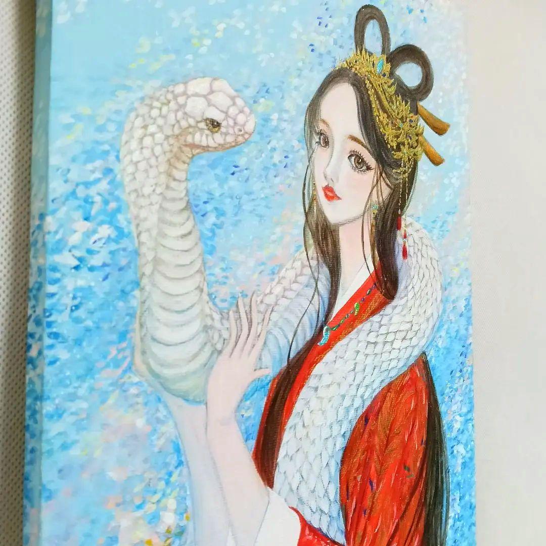 No.550 アクリル画　弁財天　白蛇　弁天様　蛇の絵　開運絵画　原画