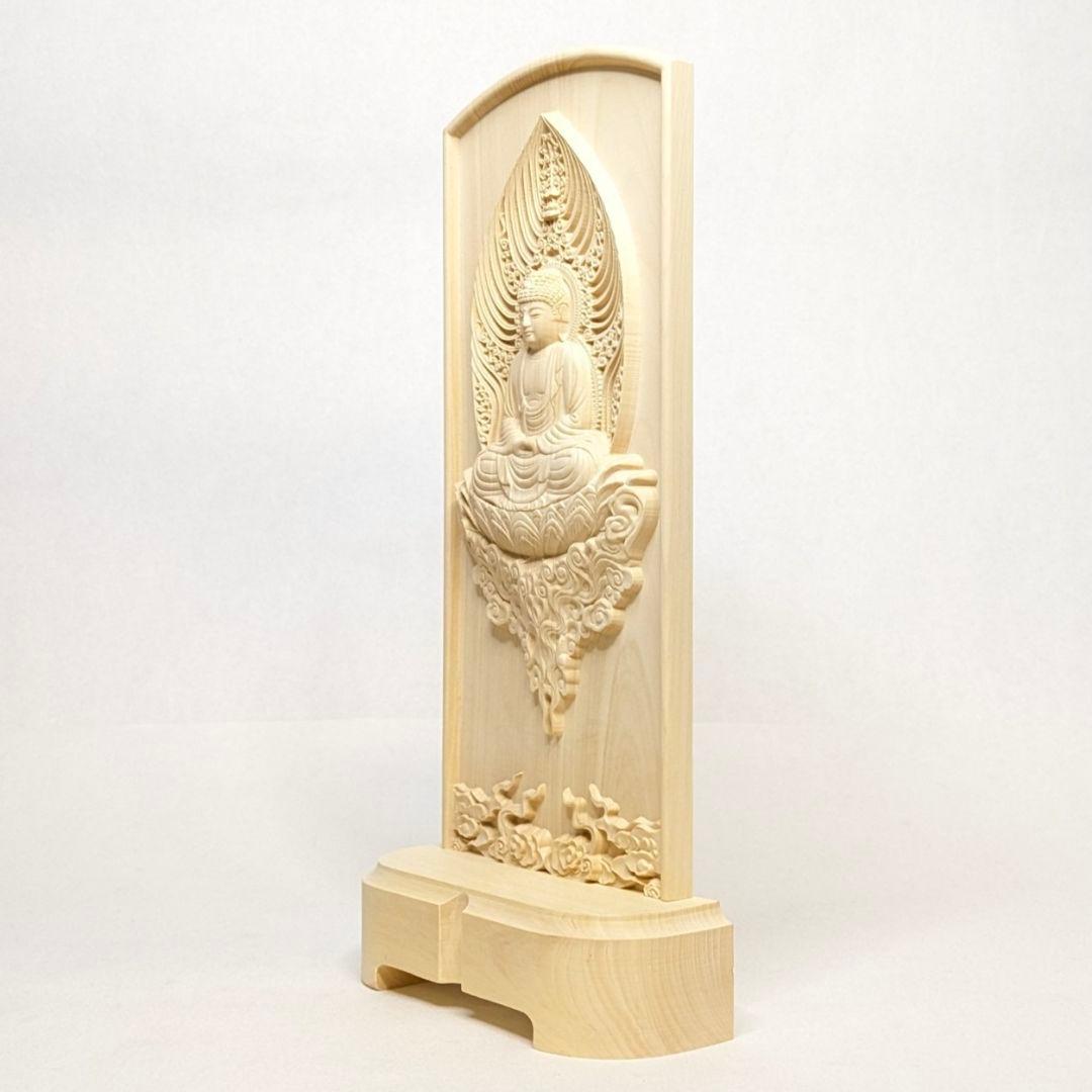 【フォロー割・新品】 釈迦座像　柘植　総高さ約25.8㎝　スタンドレリーフ