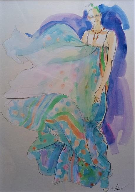 Akiサイン　「ファッション」　鉛筆デッサンに水彩画　　真作