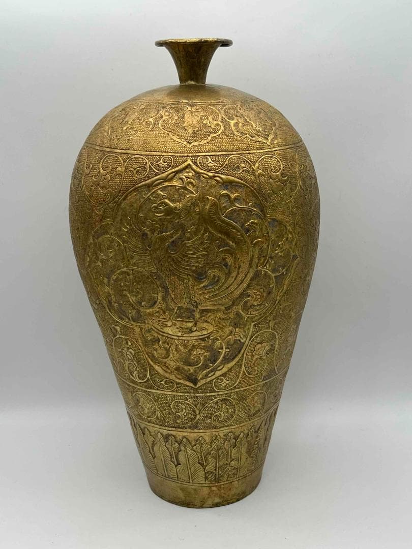 唐時代　金象嵌　鏨彫龍鳳吉祥蓮唐草花芭蕉文大瓶　瑞獸図　瑞龍鳳凰紋(E-83)