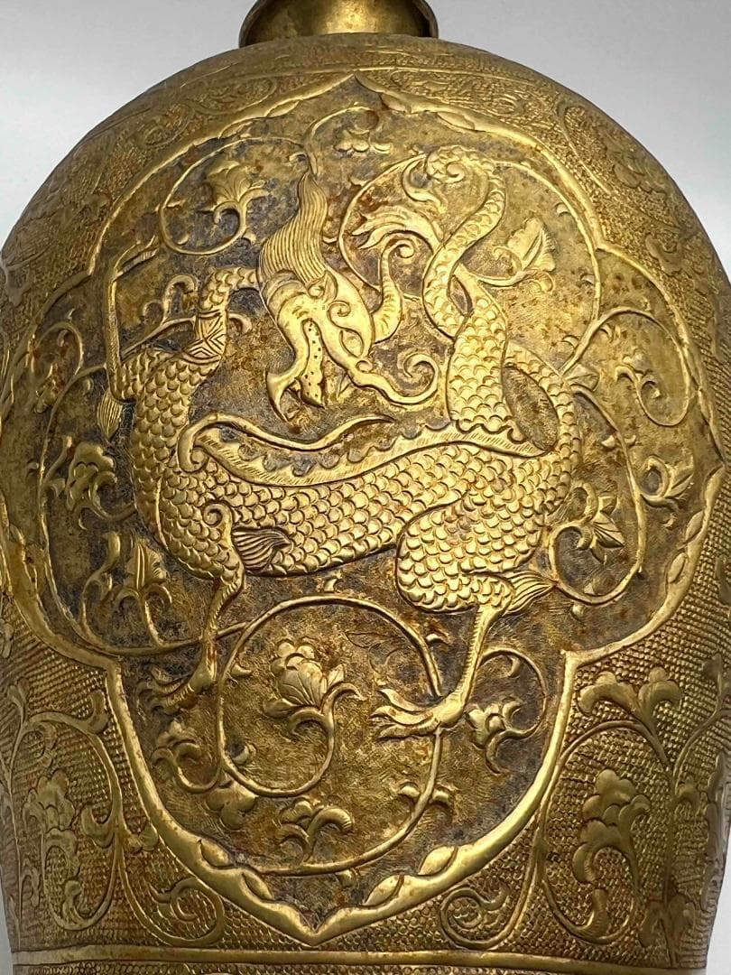 唐時代　金象嵌　鏨彫龍鳳吉祥蓮唐草花芭蕉文大瓶　瑞獸図　瑞龍鳳凰紋(E-83)