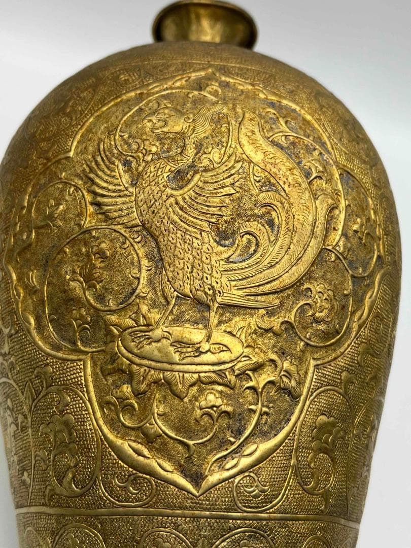 唐時代　金象嵌　鏨彫龍鳳吉祥蓮唐草花芭蕉文大瓶　瑞獸図　瑞龍鳳凰紋(E-83)