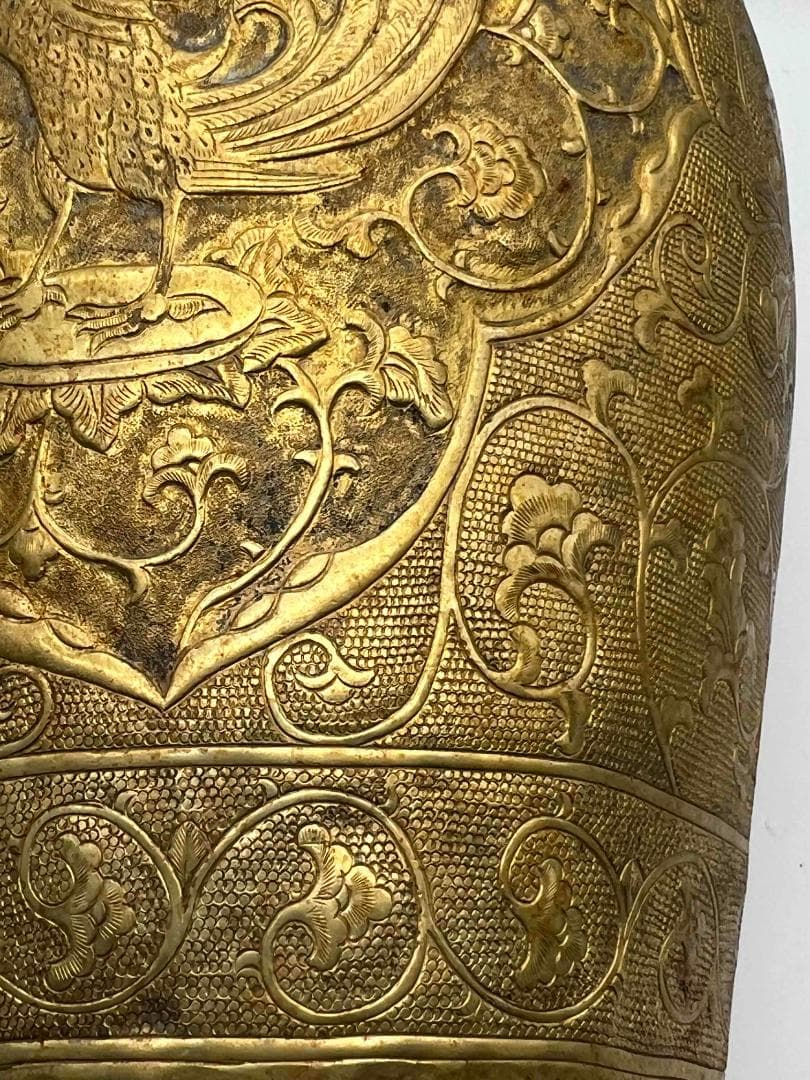 唐時代　金象嵌　鏨彫龍鳳吉祥蓮唐草花芭蕉文大瓶　瑞獸図　瑞龍鳳凰紋(E-83)