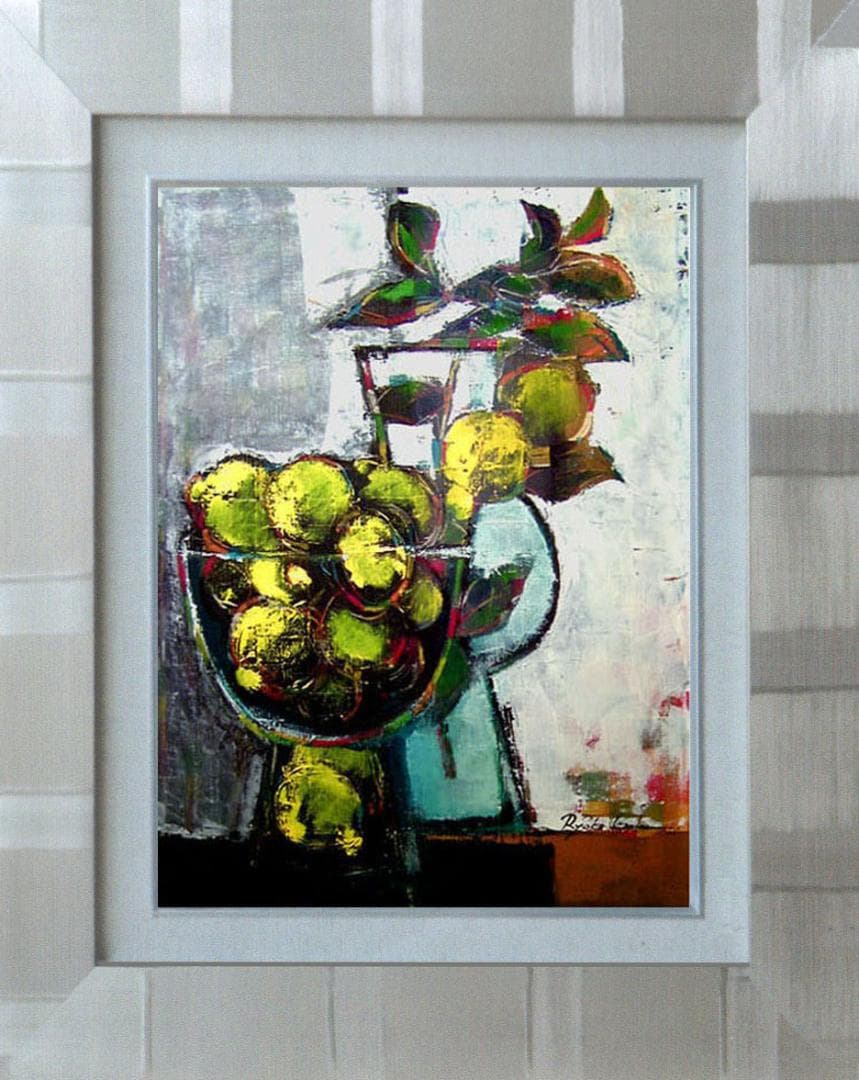 油絵 菅家令子絵 絵画インテリア額付(白) uF6-063304 静物レモン 器