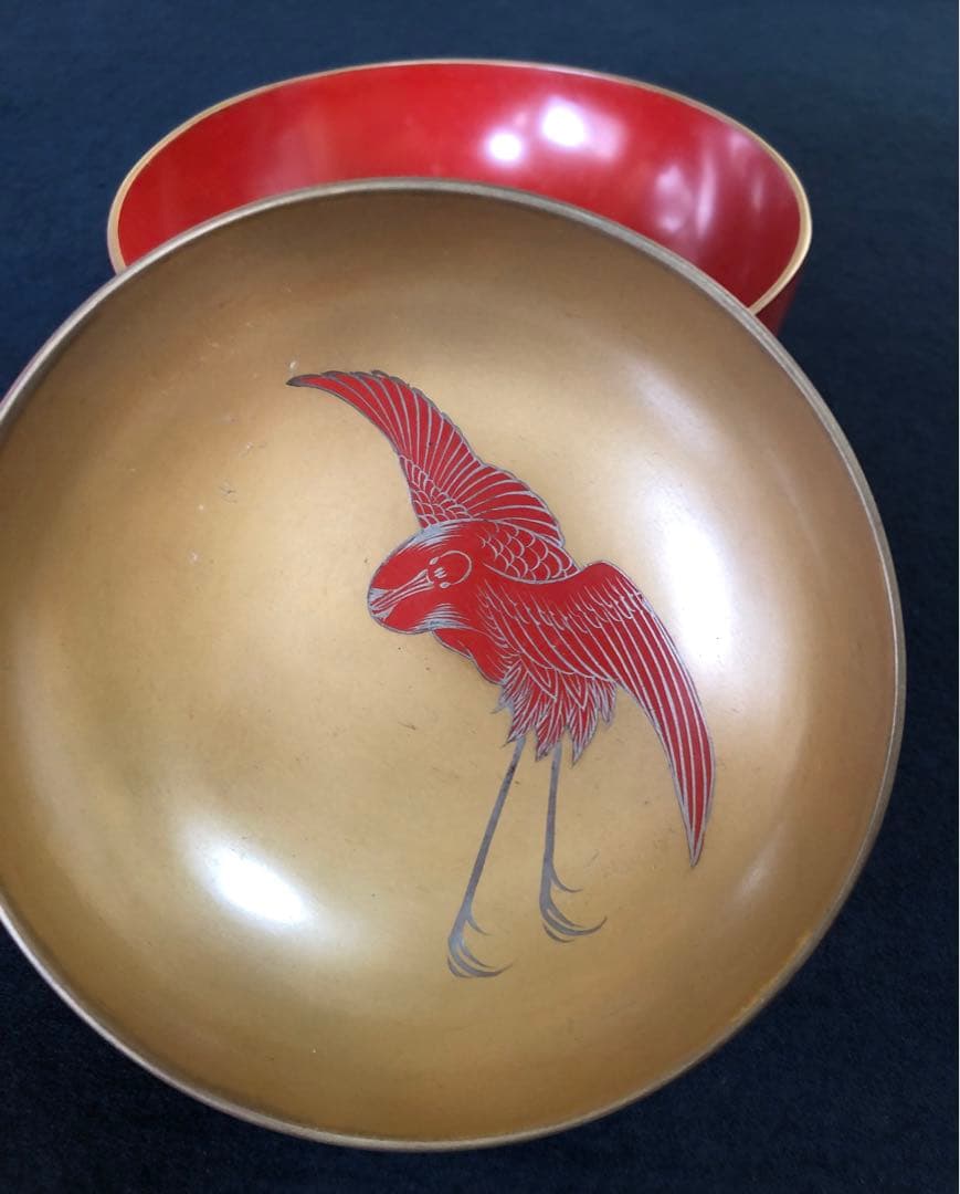 《レ》朱塗 鶴亀蒔絵 蓋内金 吸物椀5客 木製漆器 時代　251110う5
