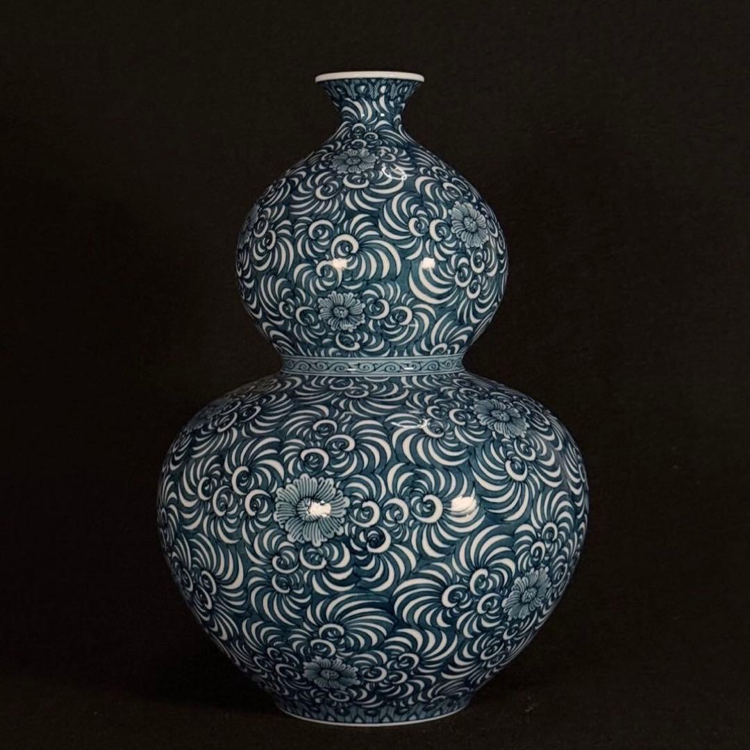 【真作】蔵出し 藤井勝雲 染付細密蛸唐草牡丹 瓢型大飾壷 35cm 有田焼 瑞祥