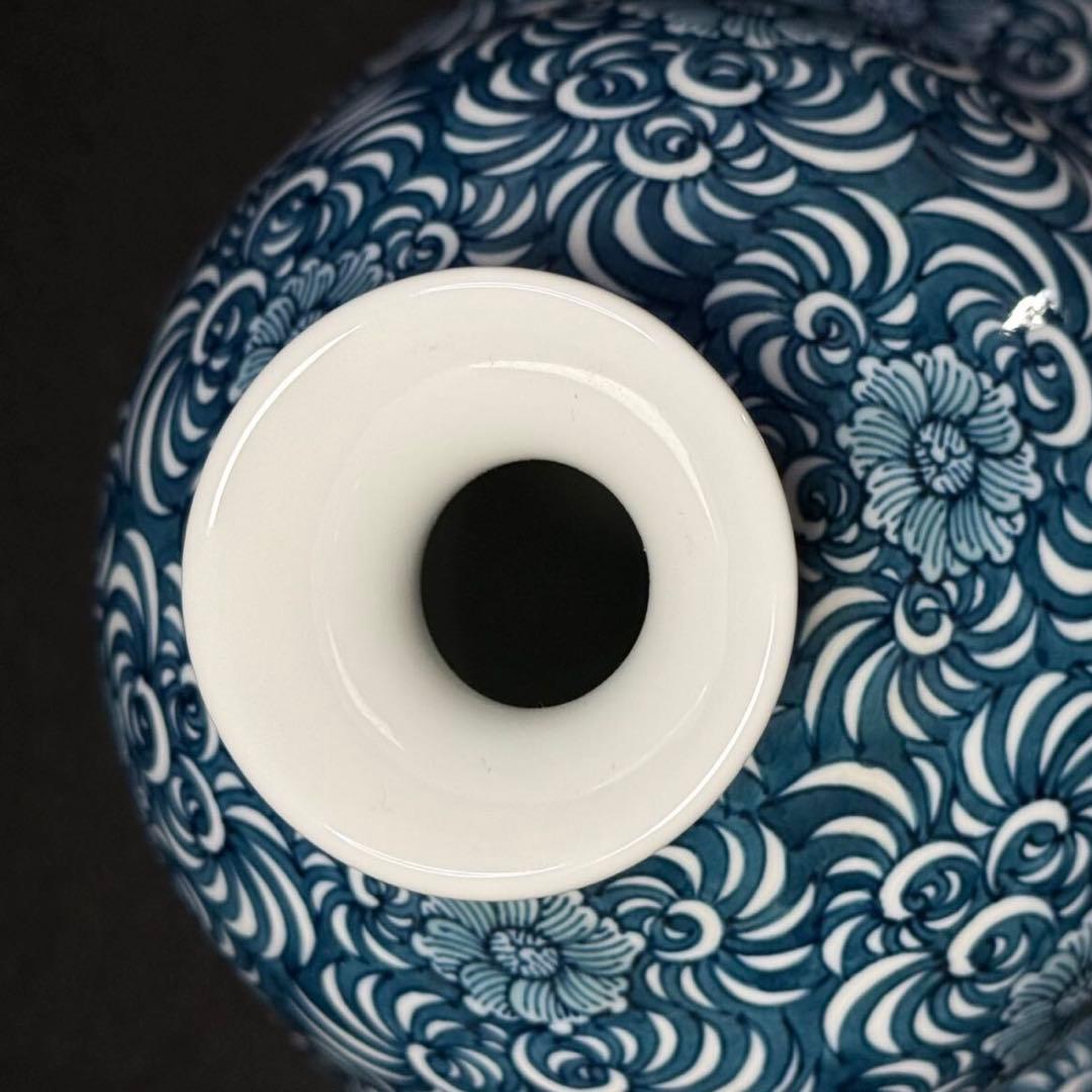 【真作】蔵出し 藤井勝雲 染付細密蛸唐草牡丹 瓢型大飾壷 35cm 有田焼 瑞祥