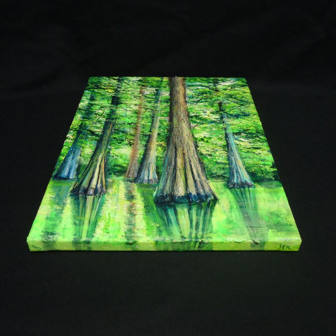 油絵 油彩 油彩画 絵 絵画 絵【水面に映るラクウショウの森﻿】