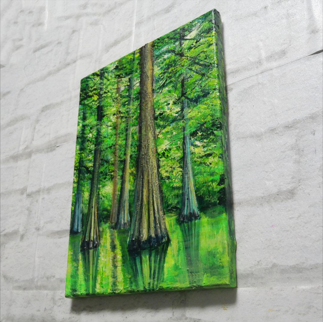 油絵 油彩 油彩画 絵 絵画 絵【水面に映るラクウショウの森﻿】