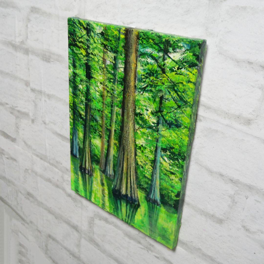 油絵 油彩 油彩画 絵 絵画 絵【水面に映るラクウショウの森﻿】