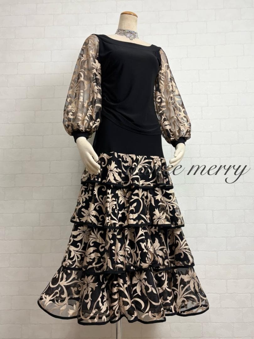 ＊新品　社交ダンス　ツーピース　黒　ベージュ　長袖　バルーン袖　パーティ2412