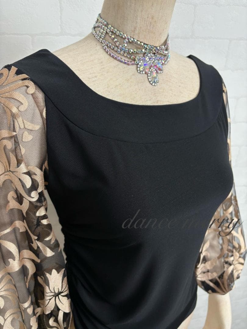 ＊新品　社交ダンス　ツーピース　黒　ベージュ　長袖　バルーン袖　パーティ2412