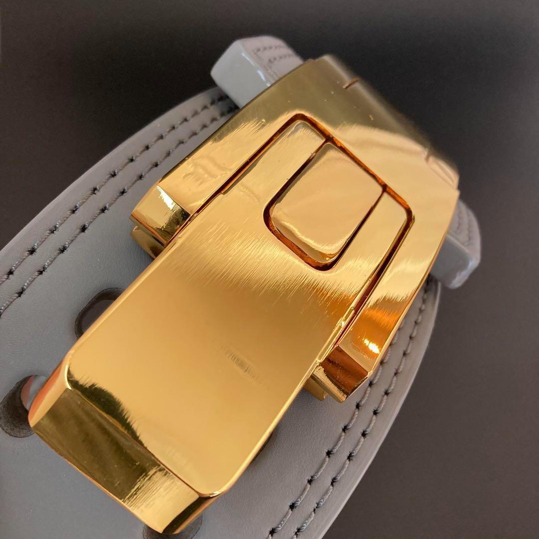 【訳あり】 パワーベルト レバーアクション 本革 グレー×ゴールド 可変式