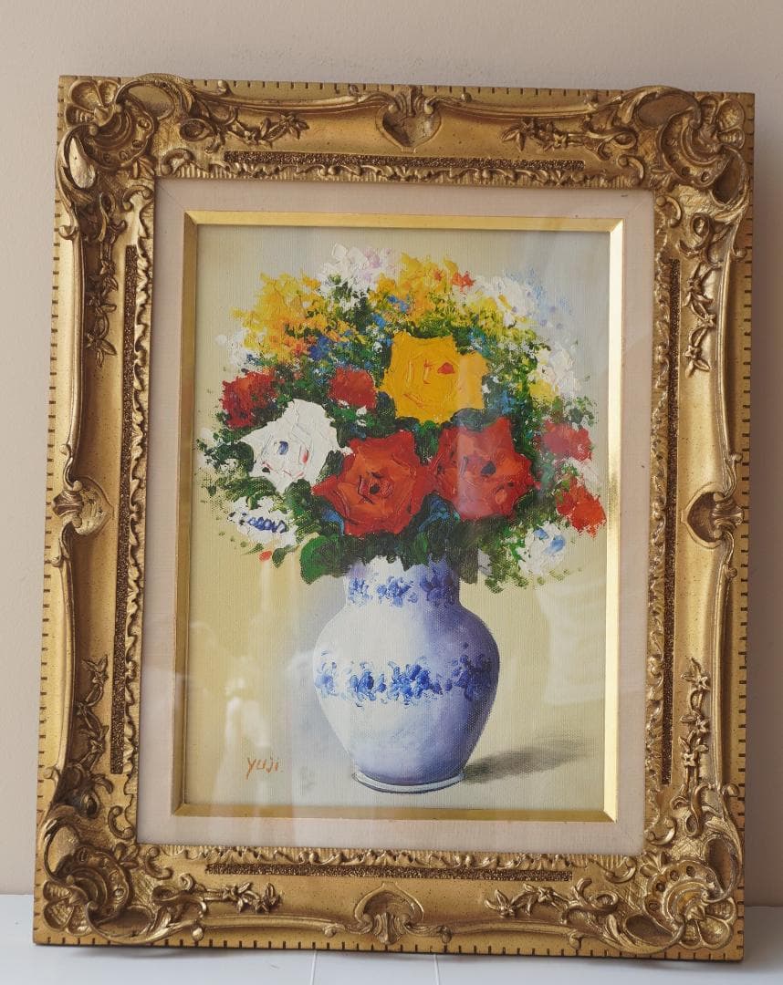 油絵 花 F4号 斎藤遊児 絵画 静物画 額縁 ガラス付き