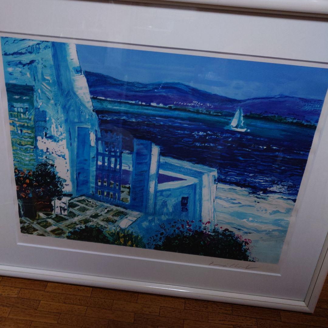 海の風景 油彩画 大きめ 白フレーム付き ジャンピエール