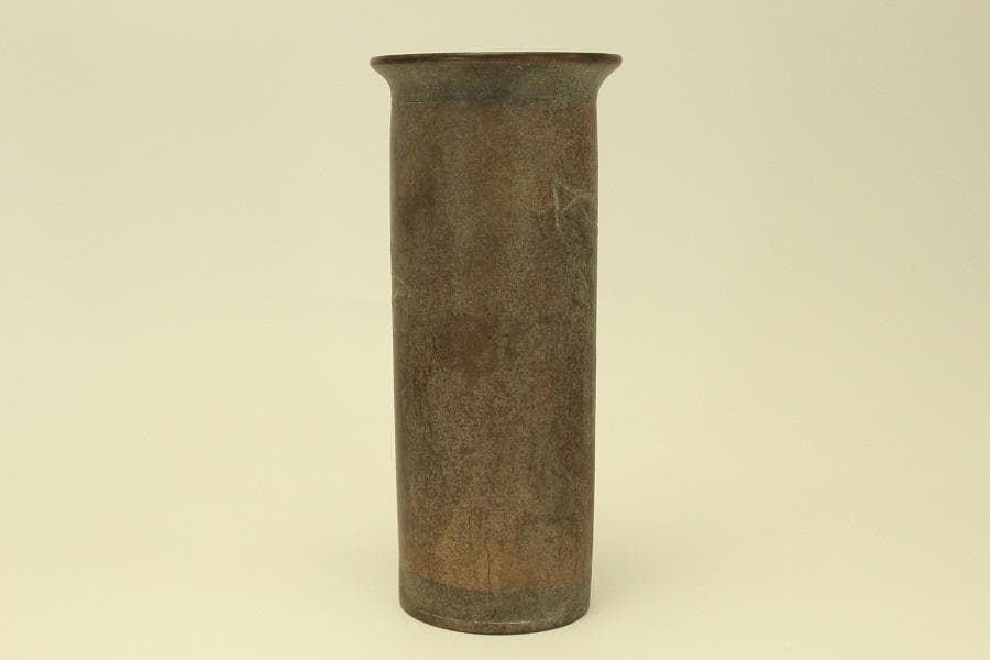 中国美術 朱泥 刻花鳥紋 在印 筒花瓶 骨董 時代物(HA528)