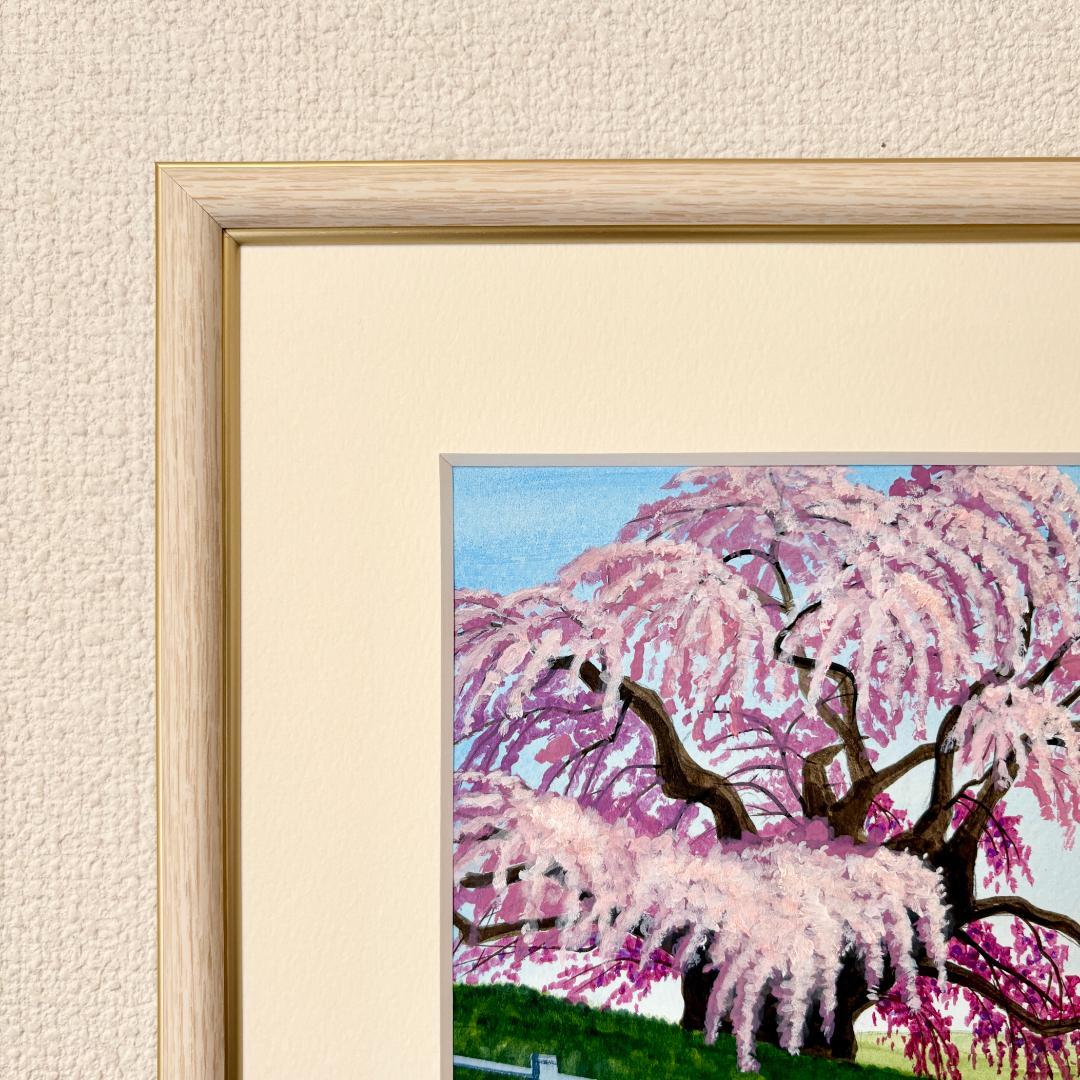 アクリル画　原画　「三春滝桜」額縁付　SMサイズ　風景画