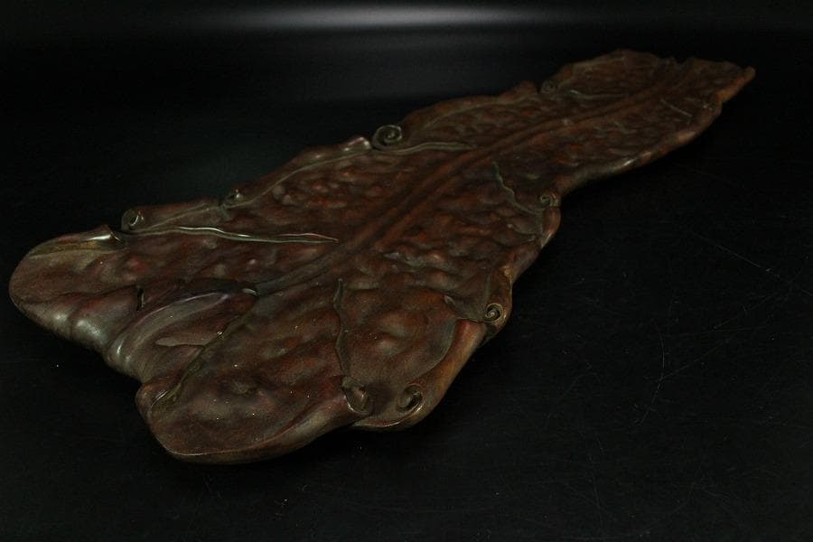 中国美術 煎茶 唐物 木彫刻 葉盆 裏刻 題詞 茶道具伝来(K-HA481)