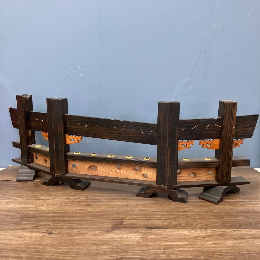 A-1 昭和レトロ 木製 弓矢台 刀掛け 刀台 飾り台 龍彫刻 金具付 五月人形