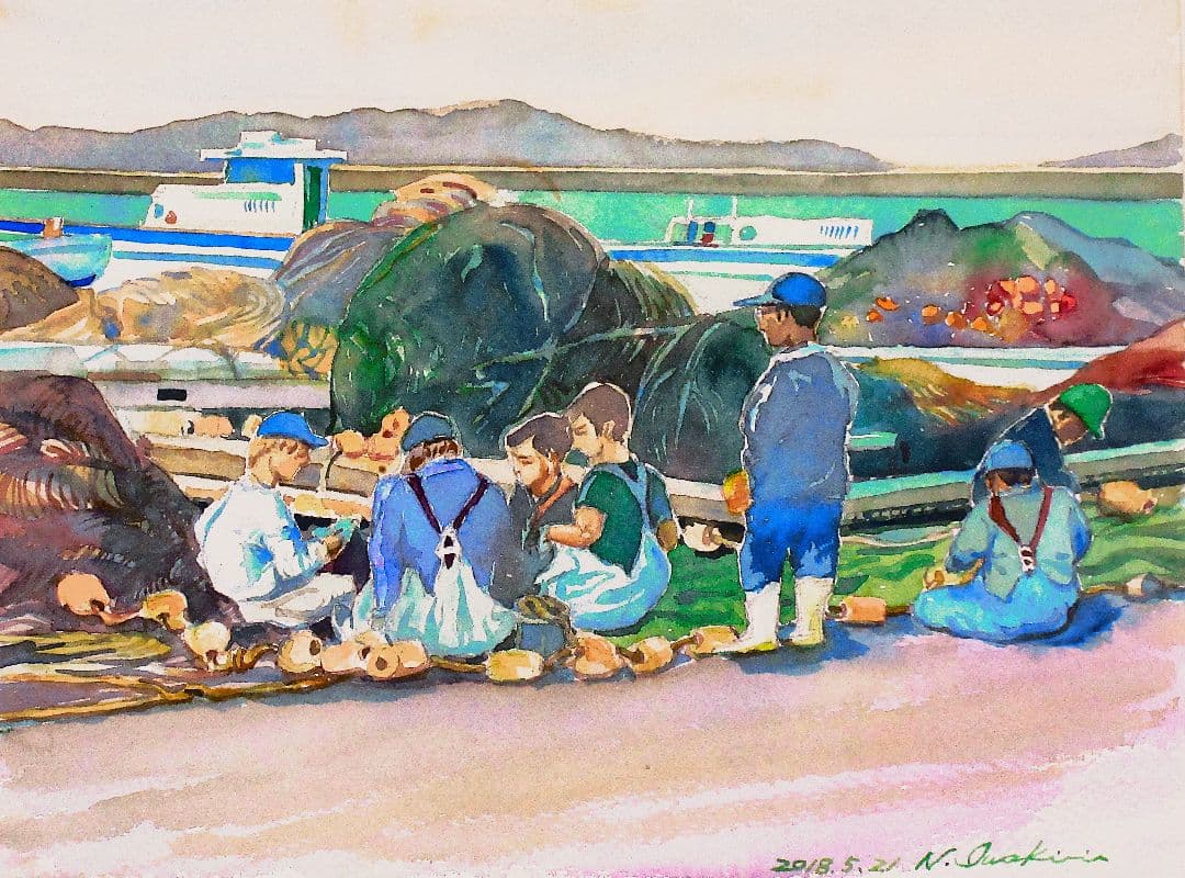 漁師の網繕い(水彩画-額縁付き)