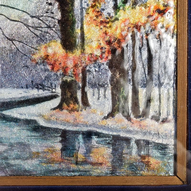 リモージュ磁器　七宝焼　リモージュ・エマイユ　冬景色文額　額装　G　R7857B