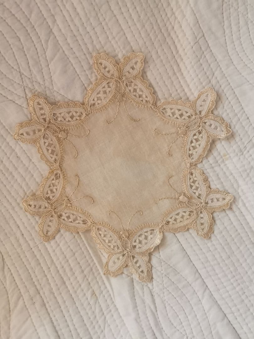 アンティーク シルク イタリア/イギリス 美しいバタフライ刺繍 星花型ドイリー