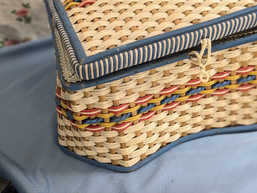 イギリス アンティーク ソーイングバスケット 青赤黄色