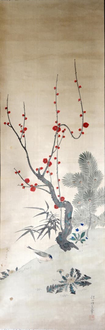 絹本双幅 酒井抱一 「紅梅小禽雪中雀図二幅対」三つ葉葵表装 共箱 掛軸 徳川家紋