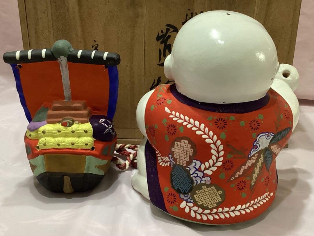 御所人形 船曳　縁起物　大型サイズ　有泉作　共箱付き　陶器製 伝統的工芸品