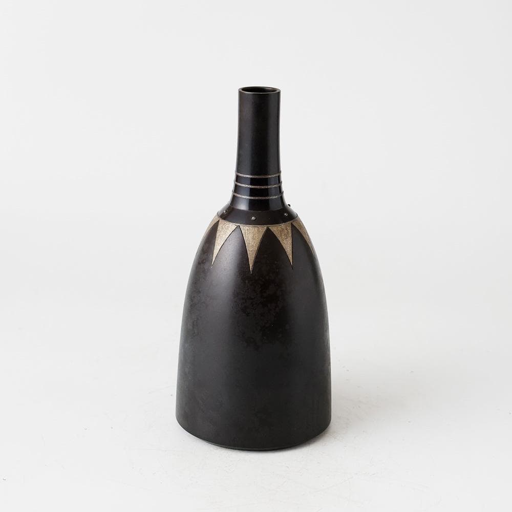 人間国宝 金森映井智（ 栄一 ）双柿庵 銀布目象嵌一輪花 銅花瓶 花器