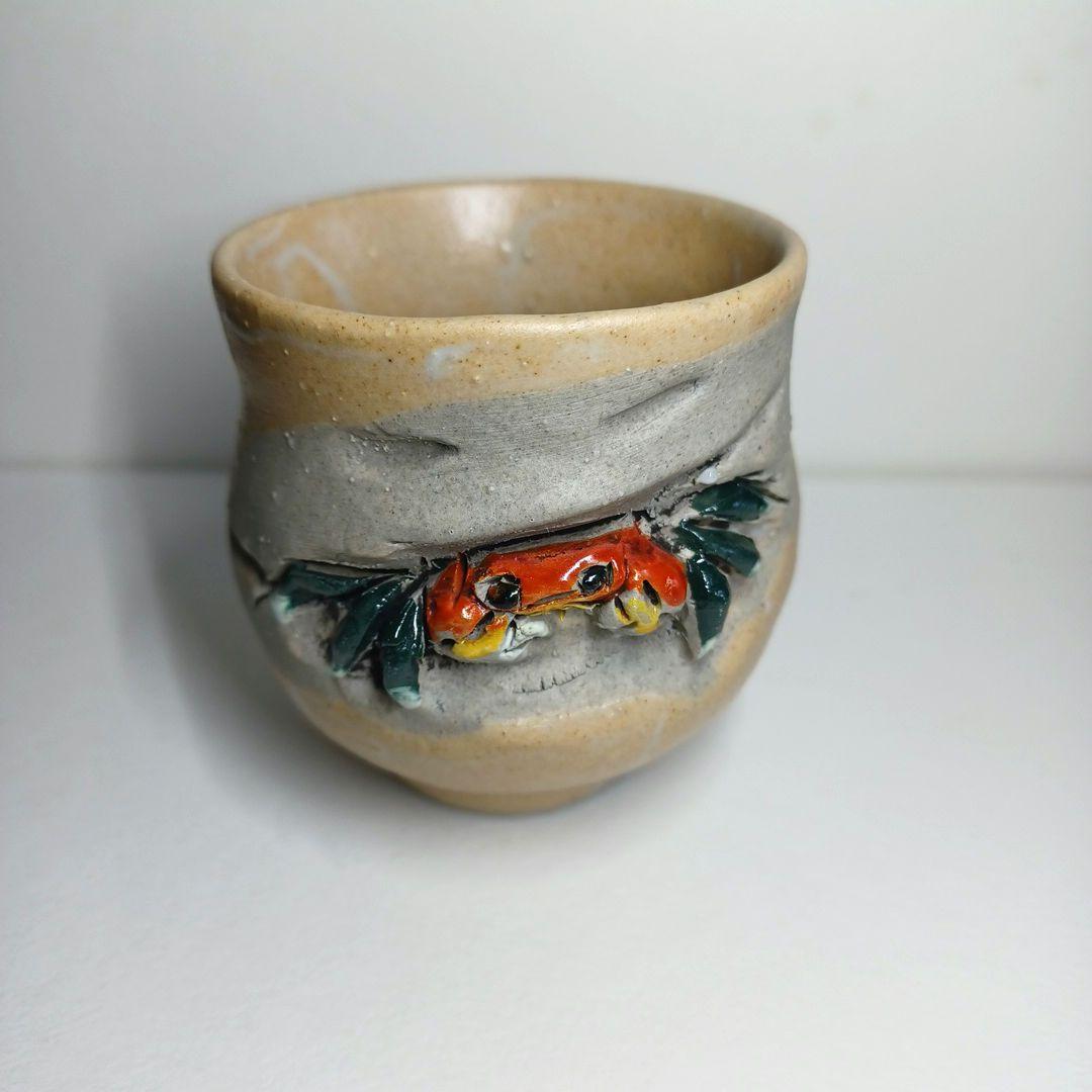 寿水焼 手捻り蟹 天神蟹彫 蟹細工 猪口 煎茶器 湯呑 茶道具 蕎麦猪口 酒器