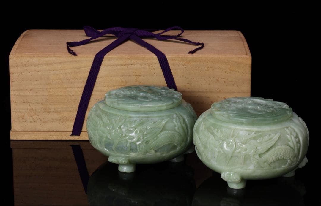 【超希少・最高級】 龍彫刻碧玉翡翠 碁笥 碁石 セット 木箱付 翡翠 瑪瑙 囲碁