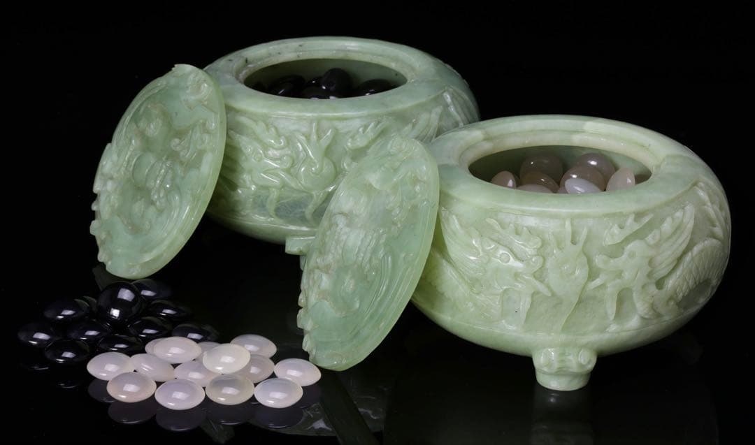 【超希少・最高級】 龍彫刻碧玉翡翠 碁笥 碁石 セット 木箱付 翡翠 瑪瑙 囲碁