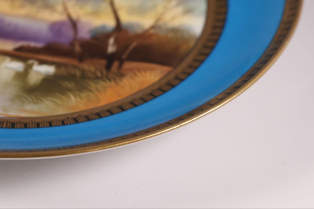 【CM300】オールドノリタケ 白鳥 風景 皿 プレート 金彩 ブルー 青 明治