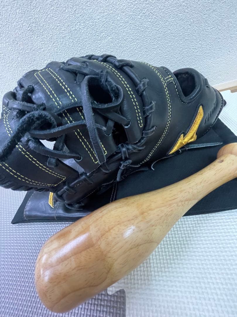 ミズノプロ 硬式グローブ ファーストミット 黒 左用 収納袋、型付けハンマー付き