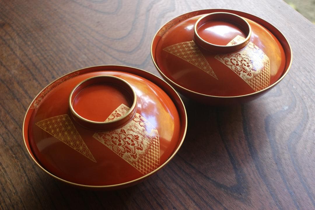 時代逸品！上質朱漆に極上花文沈金の大椀2点（検漆器輪島塗沈金椀雑煮椀