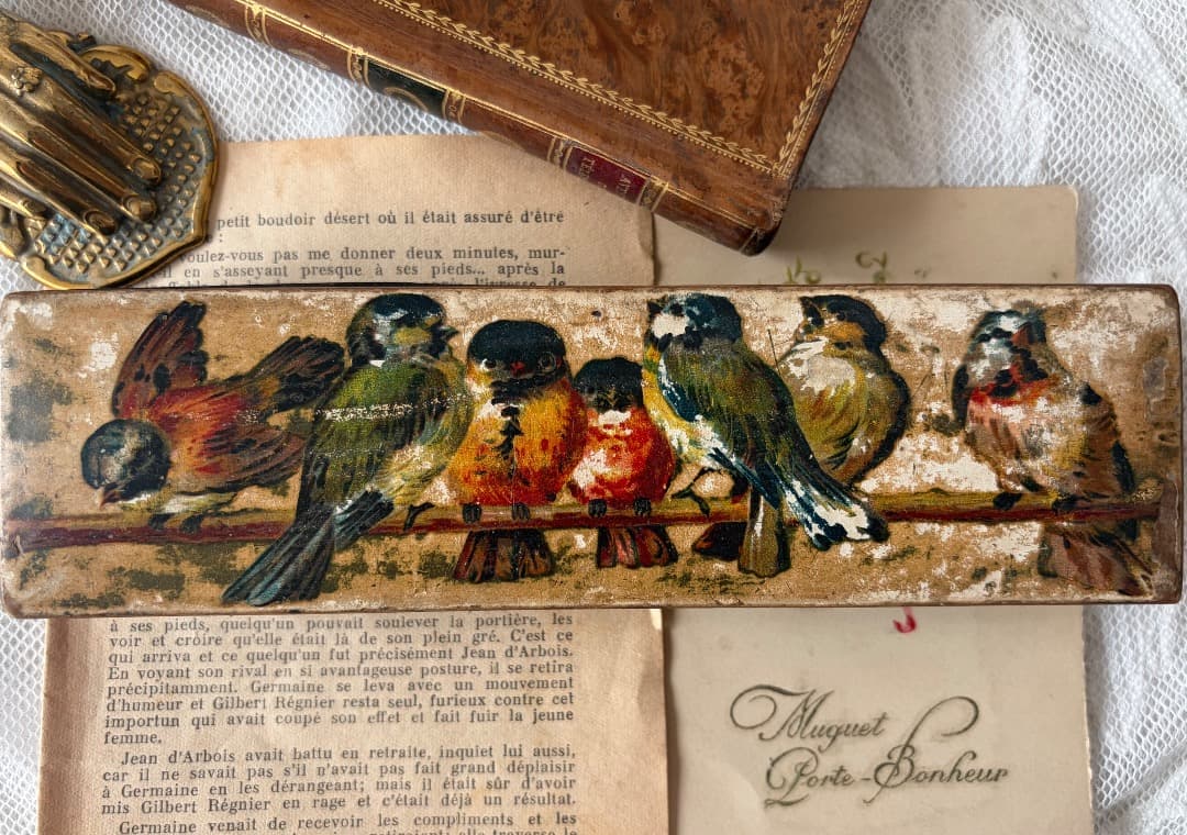 フランスアンティーク　パピエマシェ　ペンケース　小鳥　小箱　小物入れ　蚤の市