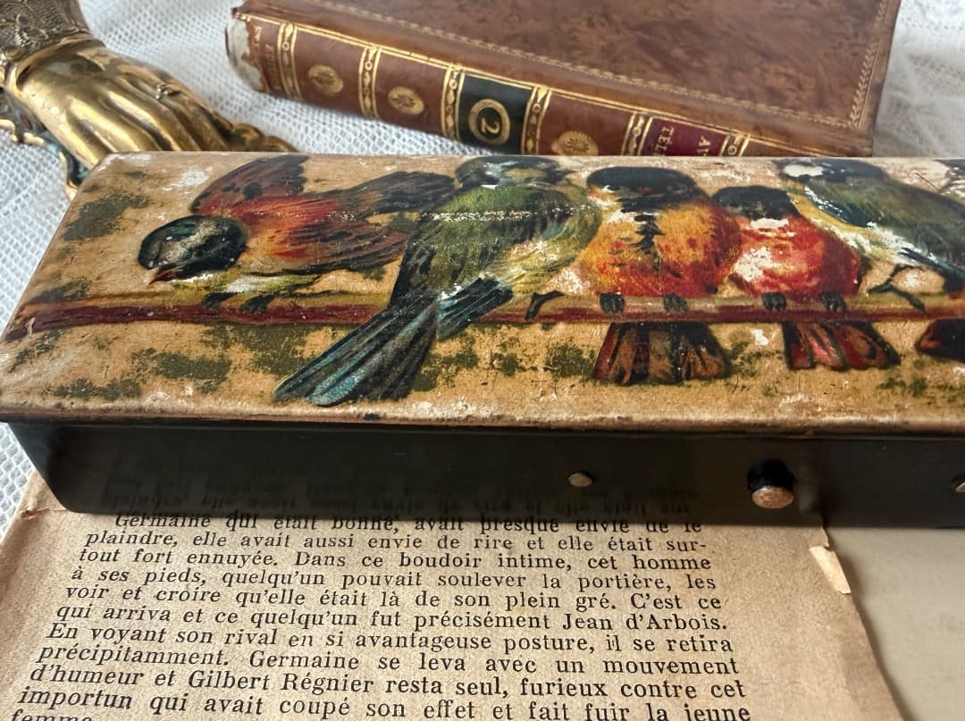 フランスアンティーク　パピエマシェ　ペンケース　小鳥　小箱　小物入れ　蚤の市